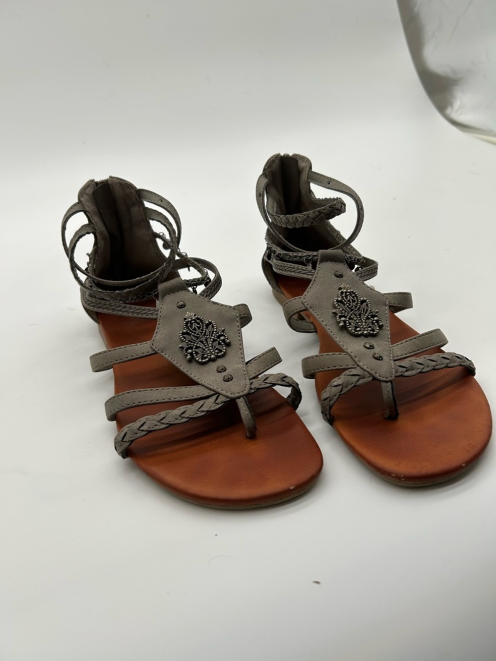 Jellypop Gray Braided Gladiator Sandals with Decorative Accent